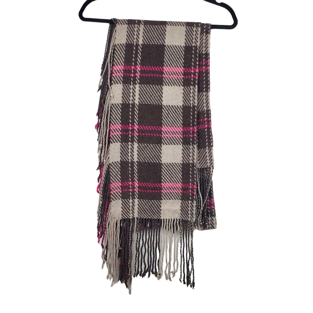 Gap Brown Pink Wool Blend Plaid Fringe Scarf Size OS